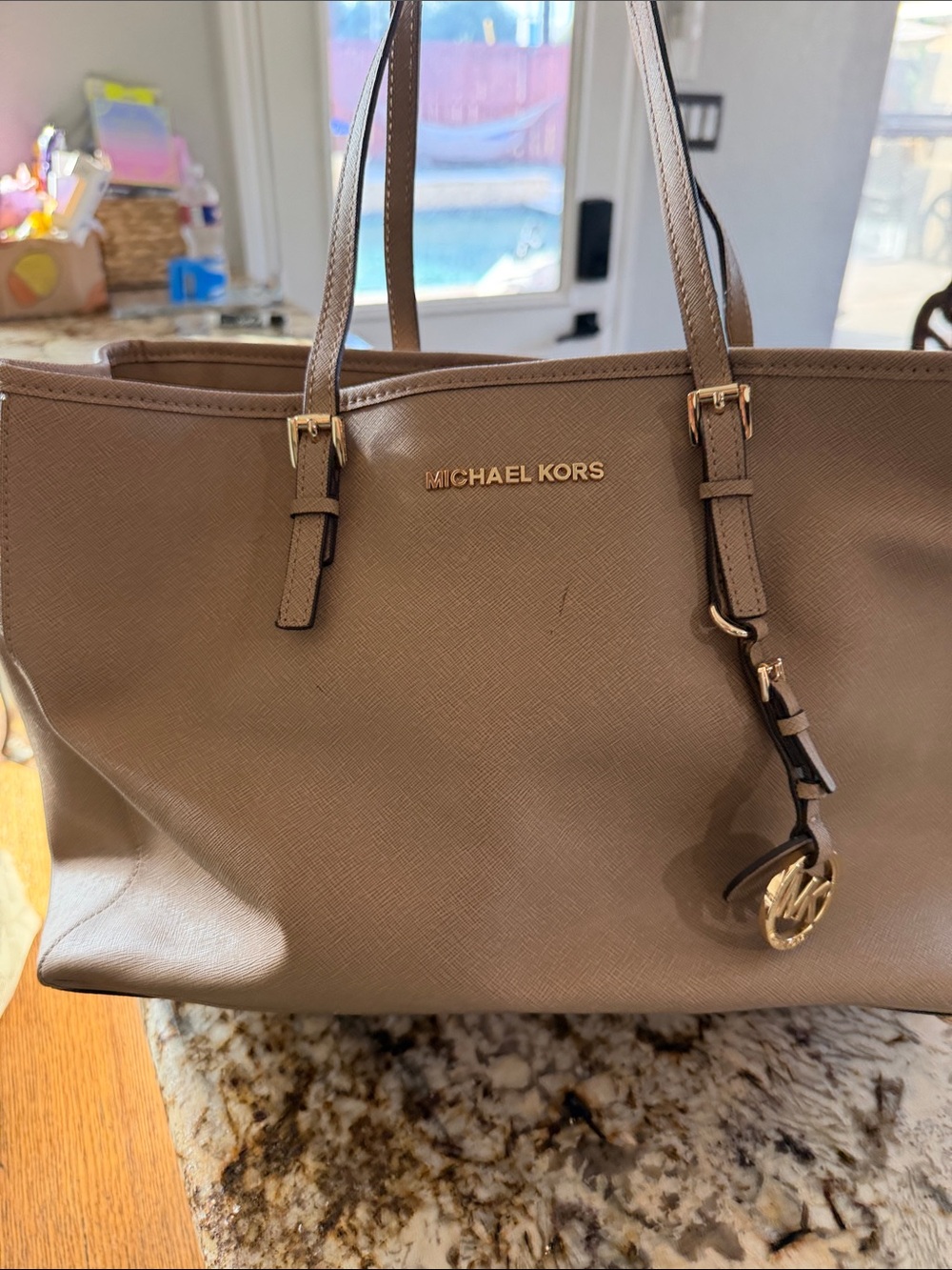 Michael Kors Taupe Brown Saffiano Leather Tote with Gold Hardware